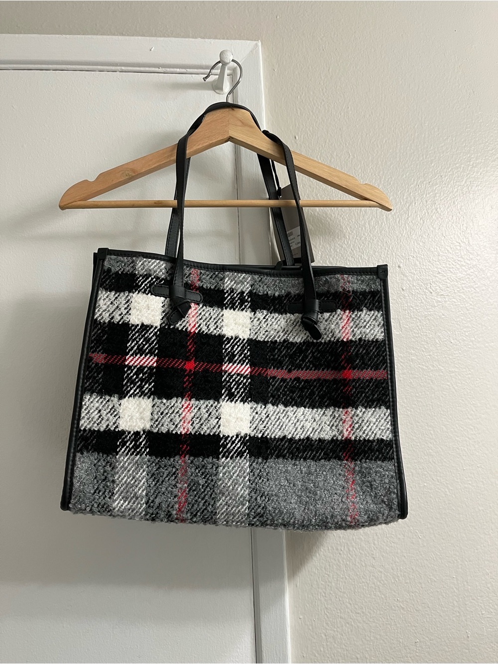 Black & White Plaid Tote with Red Accents